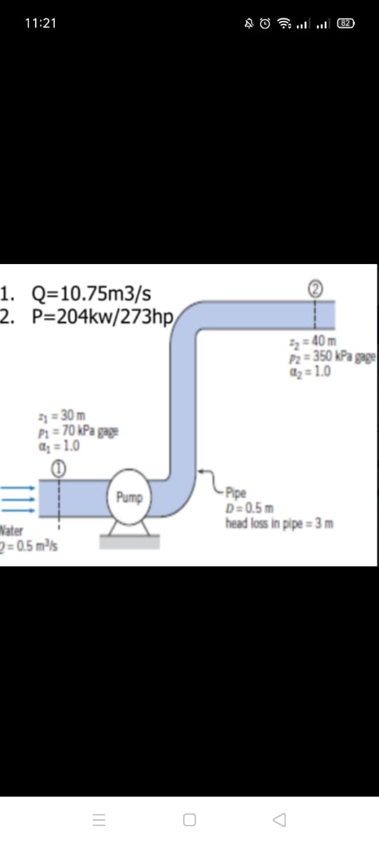 11:21
1. Q=10.75m3/s
2. P=204kw/273hp/
= 40 m
P2=350 kPa gage
az = 1.0
30n -ם
P1 = 70 kPa gage
a; = 1.0
Pipe
D= 0.5 m
head loss in pipe = 3 m
Pump
Water
2= 0.5 m/s
