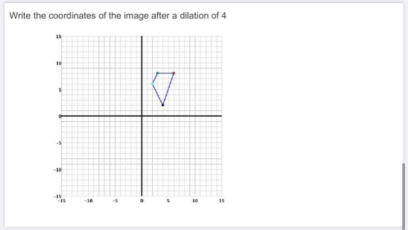 Write the coordinates of the image after a dilation of 4
15
10
-5
-10
-15
-15
-10
-5
10
15
