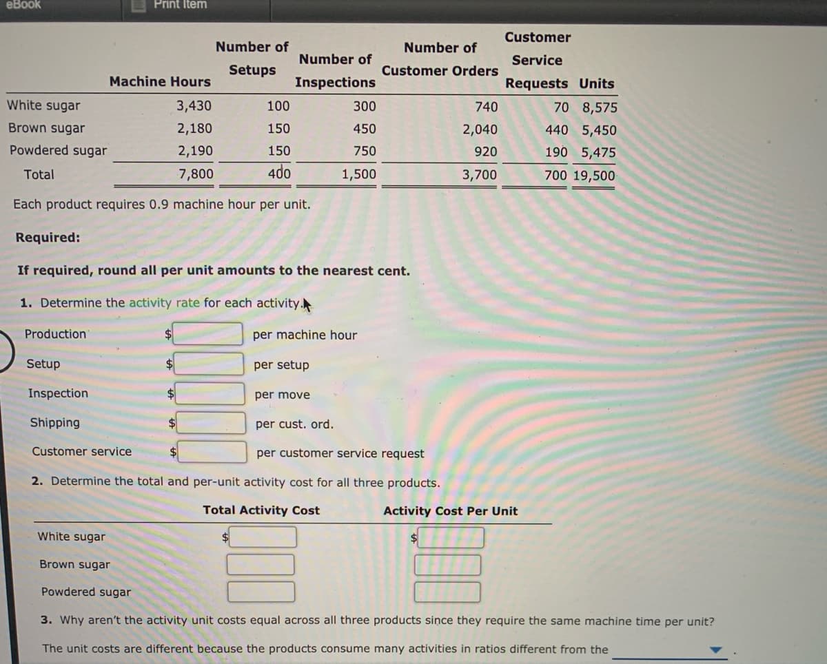 еВook
Print Item
Customer
Number of
Number of
Number of
Service
Setups
Customer Orders
Machine Hours
Inspections
Requests Units
White sugar
3,430
100
300
740
70 8,575
Brown sugar
2,180
150
450
2,040
440 5,450
Powdered sugar
2,190
150
750
920
190 5,475
Total
7,800
4do
1,500
3,700
700 19,500
Each product requires 0.9 machine hour per unit.
Required:
If required, round all per unit amounts to the nearest cent.
1. Determine the activity rate for each activity.
Production
per machine hour
Setup
$
per setup
Inspection
per move
Shipping
$4
per cust. ord.
Customer service
$4
per customer service request
2. Determine the total and per-unit activity cost for all three products.
Total Activity Cost
Activity Cost Per Unit
White sugar
Brown sugar
Powdered sugar
3. Why aren't the activity unit costs equal across all three products since they require the same machine time per unit?
The unit costs are different because the products consume many activities in ratios different from the
