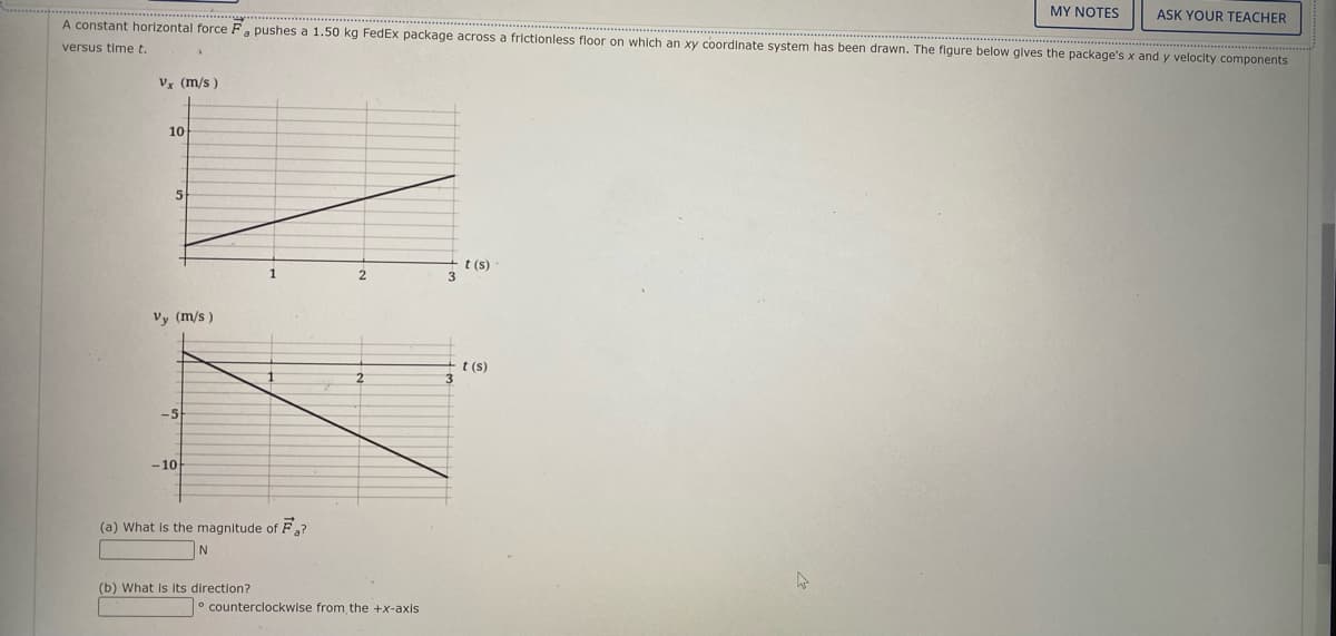 MY NOTES
ASK YOUR TEACHER
A constant horizontal force Fa pushes a 1.50 kg FedEx package across a frictionless floor on which an xy coordinate system has been drawn. The figure below gives the package's x and y velocity components
versus time t.
Vx (m/s)
10
5
t (s)
1
2
Vy (m/s)
t (s)
1
-5
-10
(a) What Is the magnitude of F,?
(b) What is its direction?
° counterclockwise from the +x-axis
