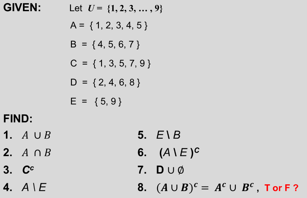 GIVEN:
FIND:
1.
AUB
2. ANB
3.
CC
4. A\E
Let U= {1, 2, 3, ..., 9}
A = { 1, 2, 3, 4, 5 }
B = {4, 5, 6, 7 }
C = { 1, 3, 5, 7, 9 }
D = { 2, 4, 6, 8}
E =
{5,9}
5.
E\B
6. (AVE)C
7.
DU Ø
8.
(AUB)¢ = AC U Bº, Tor F?