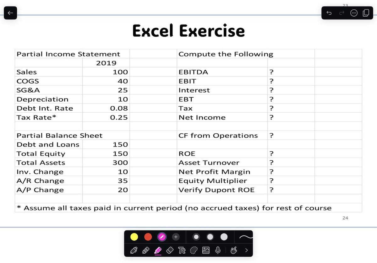 Partial Income Statement
Excel Exercise
Compute the Following
ՀԱՐ
Sales
COGS
SG&A
Depreciation
Debt Int. Rate
Tax Rate*
2019
100
40
EBITDA
EBIT
25
Interest
10
EBT
0.08
Tax
0.25
Net Income
?
?
?
?
?
?
Partial Balance Sheet
Debt and Loans
150
Total Equity
150
Total Assets
300
Inv. Change
10
A/R Change
A/P Change
35
20
Net Profit Margin
Equity Multiplier
Verify Dupont ROE
?
סיי
?
?
?
?
?
* Assume all taxes paid in current period (no accrued taxes) for rest of course
CF from Operations
ROE
Asset Turnover
CED
Tt O
24