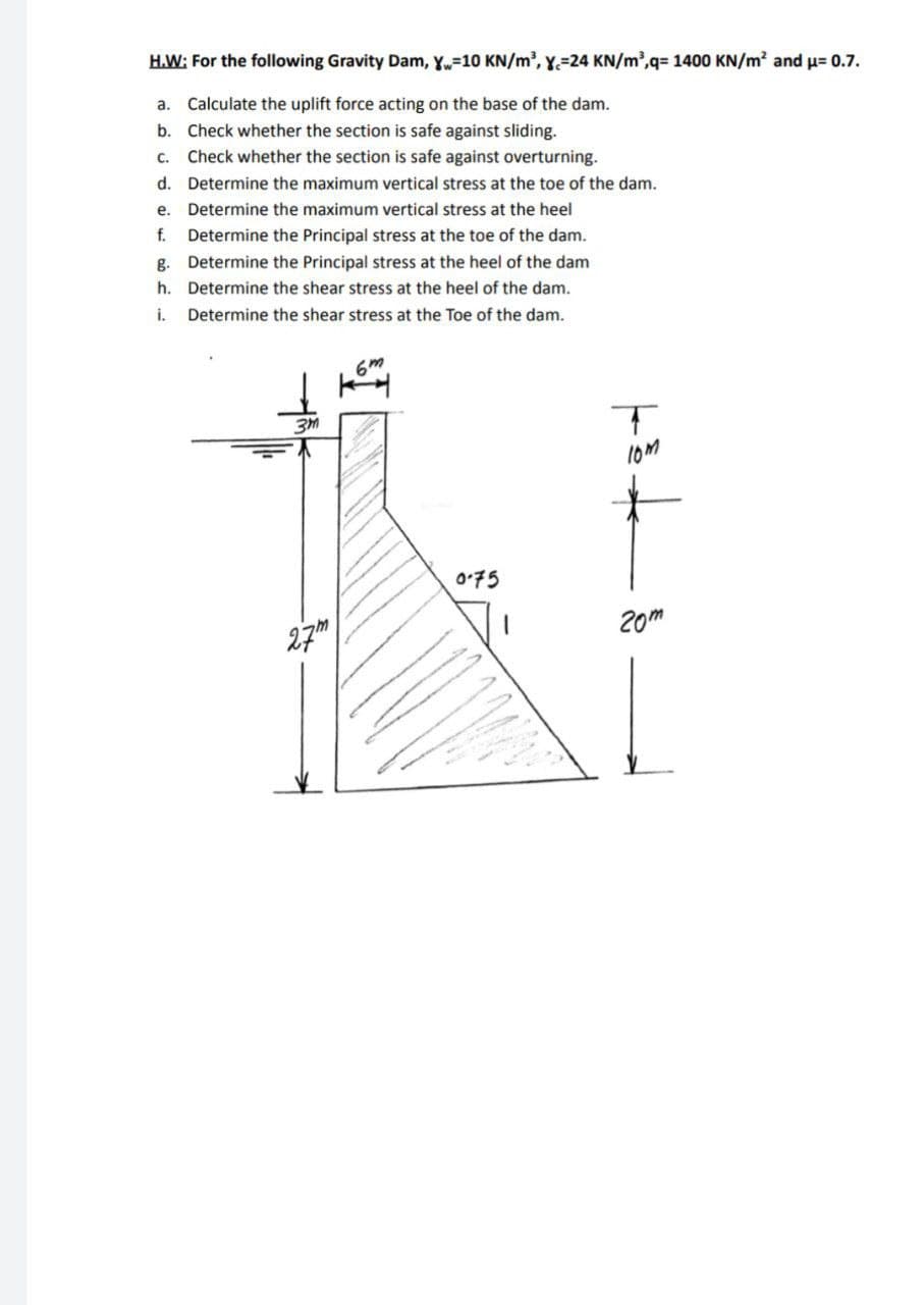 H.W: For the following Gravity Dam, Yw=10 KN/m³, Y.-24 KN/m³,q= 1400 KN/m² and μ= 0.7.
a. Calculate the uplift force acting on the base of the dam.
b. Check whether the section is safe against sliding.
c. Check whether the section is safe against overturning.
d. Determine the maximum vertical stress at the toe of the dam.
e. Determine the maximum vertical stress at the heel
Determine the Principal stress at the toe of the dam.
g. Determine the Principal stress at the heel of the dam
h. Determine the shear stress at the heel of the dam.
i. Determine the shear stress at the Toe of the dam.
зт
6m
T
10m
27m
0175
20m