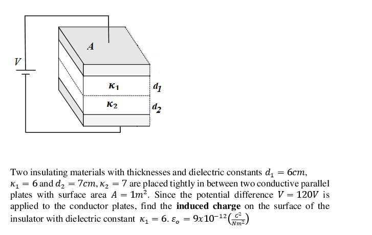 A
V
K1
d1
K2
d2
Two insulating materials with thicknesses and dielectric constants d, = 6cm,
K1 = 6 and d, = 7cm, K2 = 7 are placed tightly in between two conductive parallel
plates with surface area A = 1m?. Since the potential difference V = 120V is
applied to the conductor plates, find the induced charge on the surface of the
insulator with dielectric constant K, = 6. ɛ, = 9x10-12
Nm2
