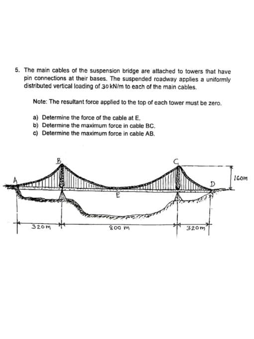 5. The main cables of the suspension bridge are attached to towers that have
pin connections at their bases. The suspended roadway applies a uniformly
distributed vertical loading of 30 kN/m to each of the main cables.
Note: The resultant force applied to the top of each tower must be zero.
a) Determine the force of the cable at E.
b) Determine the maximum force in cable BC.
c) Determine the maximum force in cable AB.
IGOM
320m
00 m
320m
