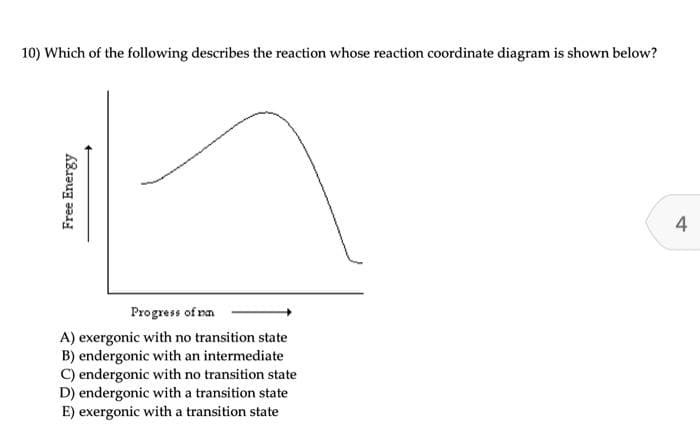 10) Which of the following describes the reaction whose reaction coordinate diagram is shown below?
Free Energy
Progress of na
A) exergonic with no transition state
B) endergonic with an intermediate
C) endergonic with no transition state
D) endergonic with a transition state
E) exergonic with a transition state
4