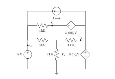 8V
+1
www
4 ΚΩ
ww
1 mA
Is
3 ΚΩ
+
2 ΚΩ
3000i₁V
w
1 ΚΩ
V₁ 0.5VV
+