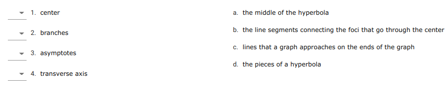 1. center
a. the middle of the hyperbola
2. branches
b. the line segments connecting the foci that go through the center
c. lines that a graph approaches on the ends of the graph
3. asymptotes
d. the pieces of a hyperbola
4. transverse axis
