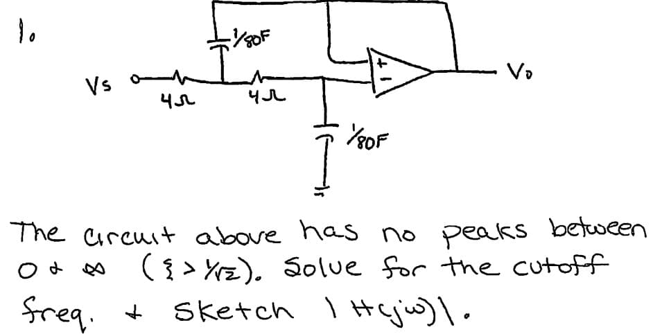 10
Vs
45
- 1/80F
I
чл
¼/80F
Vo
The circuit above has no peaks between
({ > Yrz). Solve for the cut off
Sketch I Hejw) lo
od ∞
freq. +