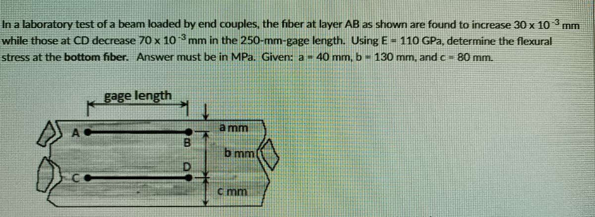 -3
mm
In a laboratory test of a beam loaded by end couples, the fiber at layer AB as shown are found to increase 30 x 10
while those at CD decrease 70 x 10mm in the 250-mm-gage length. UsingE-110 GPa, determine the flexural
stress at the bottom fiber. Answer must be in MPa. Given: a = 40 mm, b = 130 mm, and c = 80 mmn.
gage length
a mm
b mm
c mm
