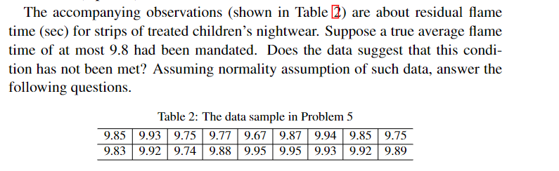 The accompanying observations (shown in Table 2) are about residual flame
time (sec) for strips of treated children's nightwear. Suppose a true average flame
time of at most 9.8 had been mandated. Does the data suggest that this condi-
tion has not been met? Assuming normality assumption of such data, answer the
following questions.
Table 2: The data sample in Problem 5
9.85 9.93| 9.75 | 9.77 | 9.67 | 9.87 || 9.94 | 9.85 | 9.75
9.83 9.92 | 9.74 | 9.88 | 9.95 | 9.95 | 9.93 | 9.92 | 9.89
