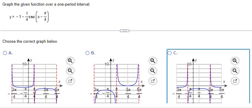 Graph the given function over a one-period interval.
-1-17 csc (x - 17)
y = - 1
Choose the correct graph below.
O A.
I
10
3π A
14
4
Ay
LALA
3元 ОЛ
5+
4
✓
Q
O B.
I
10-
3n T
31
1
*+*+-
3л 5л
L
4
oo
Q
O C.
3ñ
4
-
on
X
5x