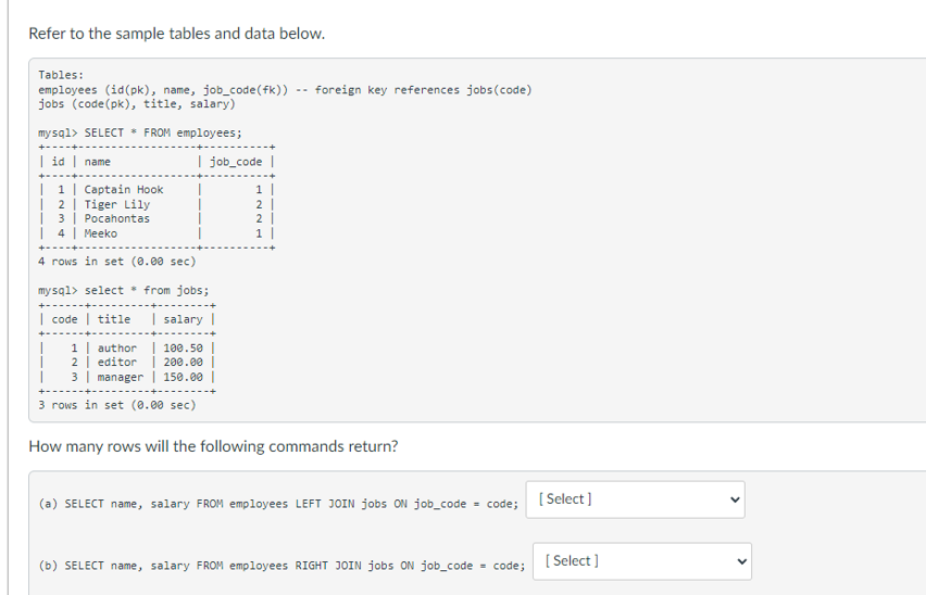 Refer to the sample tables and data below.
Tables:
employees (id(pk), name, job_code(fk))
jobs (code (pk), title, salary)
mysql> SELECT * FROM employees;
| id | name
+--
|
1 | Captain Hook
2
Tiger Lily
3 | Pocahontas
4 | Meeko
4 rows in set (0.00 sec)
mysql> select * from jobs;
| code
title | salary |
+-
I
author | 100.50
200.00
|
editor
3 manager 150.00 |
|
1
2
I job_code
3 rows in set (0.00 sec)
2
1 |
foreign key references jobs (code)
How many rows will the following commands return?
(a) SELECT name, salary FROM employees LEFT JOIN jobs ON job_code
= code;
(b) SELECT name, salary FROM employees RIGHT JOIN jobs ON job_code = code;
[Select]
[Select]