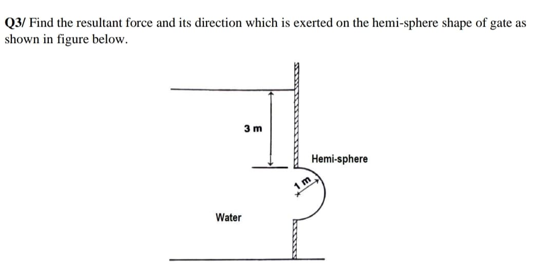 Q3/ Find the resultant force and its direction which is exerted on the hemi-sphere shape of gate as
shown in figure below.
3 m
Hemi-sphere
1 m
Water
