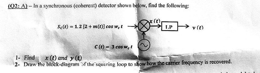 (Q2: A) - In a synchronous (coherent) detector shown below, find the following:
Sc(t) = 1.2 [2 + m(t)] cos wet
C (t) = 3 cos wet
x (t)
LP
v (t)
1- Find x (t) and y(t)
2- Draw the block-diagram of the squaring loop to show how the carrier frequency is recovered.