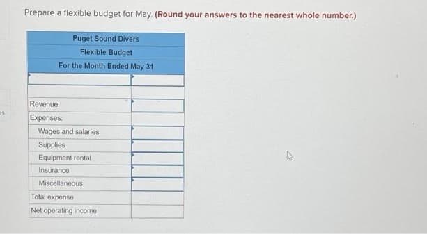 Prepare a flexible budget for May. (Round your answers to the nearest whole number.)
Puget Sound Divers
Flexible Budget
For the Month Ended May 31
Revenue
Expenses:
Wages and salaries
Supplies
Equipment rental
Insurance
Miscellaneous
Total expense
Net operating income
