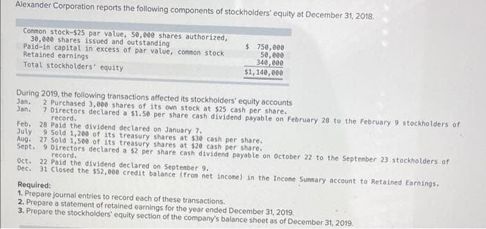 Alexander Corporation reports the following components of stockholders' equity at December 31, 2018.
Common stock-$25 par value, 5e,eee shares authorized,
30,000 shares issued and outstanding
Paid-in capital in excess of par value, common stock
Retained earnings
Total stockholders' equity
$ 750,000
se, e00
348, 000
$1,140, 000
During 2019, the following transactions affected its stockholders' equity accounts
Jan.
Jan.
2 Purchased 3,000 shares of its own stock at $25 cash per share.
7 Directors declared a $1.5e per share cash dividend payable on February 28 to the February 9 stockholders of
record.
Feb. 28 Paid the dividend declared on January 7.
July
Aug. 27 Sold 1,500 of 1ts treasury shares at $20 cash per share.
Sept. 9 Directors declared a $2 per share cash dividend payable on October 22 to the September 23 stockholders of
9 Sold 1,200 of its treasury shares at $30 cash per share.
record.
Oct. 22 Paid the dividend declared on September 9.
Dec. 31 Closed the $52,00e credit balance (from net income) in the Incone Sumnary account to Retained Earnings.
Required:
1. Prepare Journal entries to record each of these transactions.
2. Prepare a statement of retained earnings for the year ended December 31, 2019.
3. Prepare the stockholders' equity section of the company's balance sheet as of December 31, 2019.
