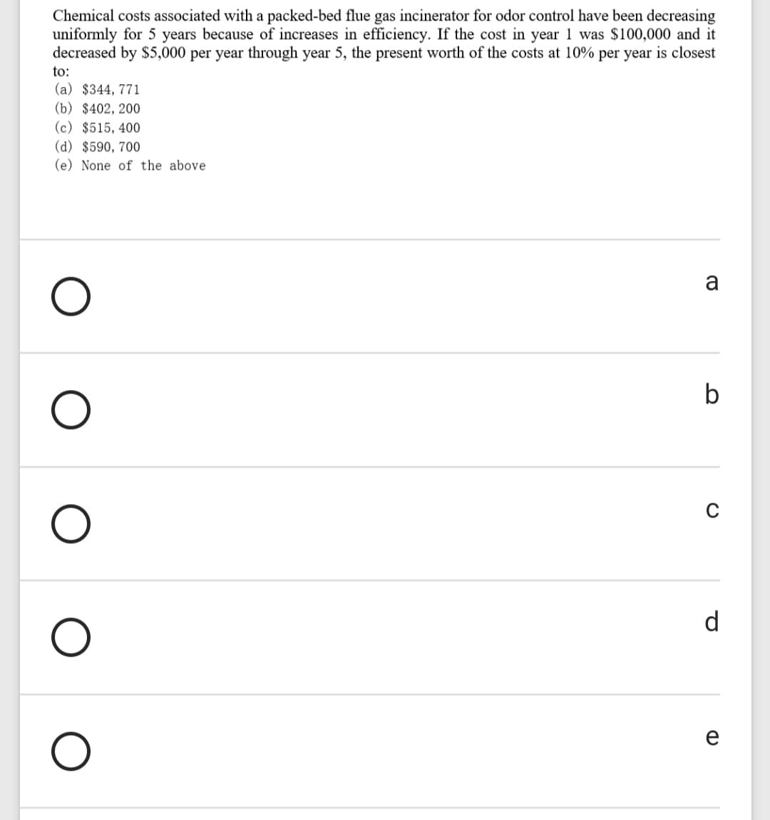 Chemical costs associated with a packed-bed flue gas incinerator for odor control have been decreasing
uniformly for 5 years because of increases in efficiency. If the cost in year 1 was $100,000 and it
decreased by $5,000 per year through year 5, the present worth of the costs at 10% per year is closest
to:
(a) $344, 771
(b) $402, 200
(c) $515, 400
(d) $590, 700
(e) None of the above
a
b
C
d
e

