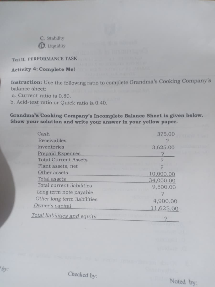 C. Stability
Liquidity
Test II. PERFORMANCE TASK
Activity 4: Complete Me!
Instruction: Use the following ratio to complete Grandma's Cooking Company's
balance sheet:
a. Current ratio is 0.80.
b. Acid-test ratio or Quick ratio is 0.40.
Grandma's Cooking Company's Incomplete Balance Sheet is given below.
Show your solution and write your answer in your yellow paper.
Cash
375.00
Receivables
Inventories
3,625.00
Prepaid Expenses
Total Current Assets
Plant assets, net
Other assets
Total assets
10,000.00
34,000.00
9,500.00
Total current liabilities
Long term note payable
Other long term liabilities
Owner's capital
4,900.00
11,625.00
Total liabilities and equity
by:
Checked by:
Noted by:
