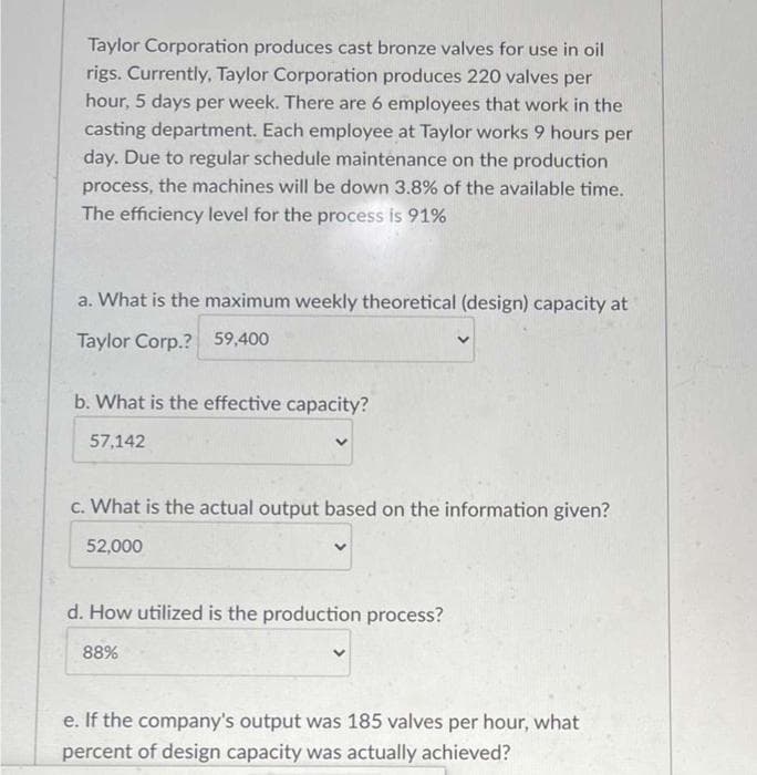Taylor Corporation produces cast bronze valves for use in oil
rigs. Currently, Taylor Corporation produces 220 valves per
hour, 5 days per week. There are 6 employees that work in the
casting department. Each employee at Taylor works 9 hours per
day. Due to regular schedule maintenance on the production
process, the machines will be down 3.8% of the available time.
The efficiency level for the process is 91%
a. What is the maximum weekly theoretical (design) capacity at
Taylor Corp.? 59,400
b. What is the effective capacity?
57,142
c. What is the actual output based on the information given?
52,000
d. How utilized is the production process?
88%
e. If the company's output was 185 valves per hour, what
percent of design capacity was actually achieved?