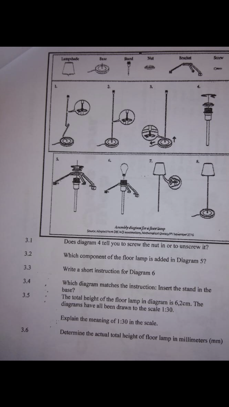 3.1
3.2
3.3
3.4
3.5
3.6
1.
Lampshade
Bagt
Stand
Nut
Bracket
Assembly diagram for a floor lamp
Source Adapted from CEE NOSmiom, Mathematical Uwag November 2016
Does diagram 4 tell you to screw the nut in or to unscrew it?
Which component of the floor lamp is added in Diagram 5?
Write a short instruction for Diagram 6
Which diagram matches the instruction: Insert the stand in the
base?
Screw
The total height of the floor lamp in diagram is 6,2cm. The
diagrams have all been drawn to the scale 1:30.
Explain the meaning of 1:30 in the scale.
Determine the actual total height of floor lamp in millimeters (mm)