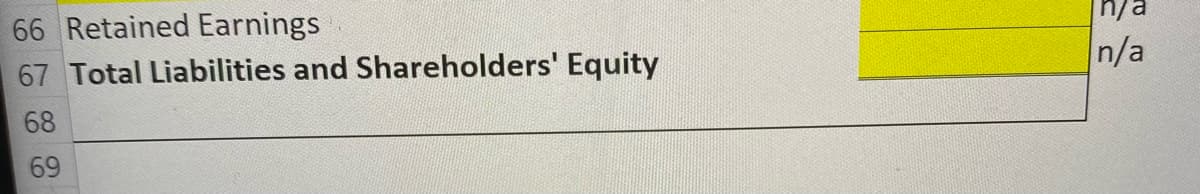 66 Retained Earnings
67 Total Liabilities and Shareholders' Equity
e/u
n/a
68
69
