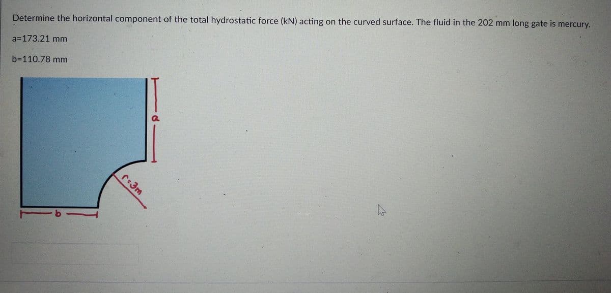 Determine the horizontal component of the total hydrostatic force (kN) acting on the curved surface. The fluid in the 202 mm long gate is mercury.
a=173.21 mm
b=110.78 mm
r:3m
