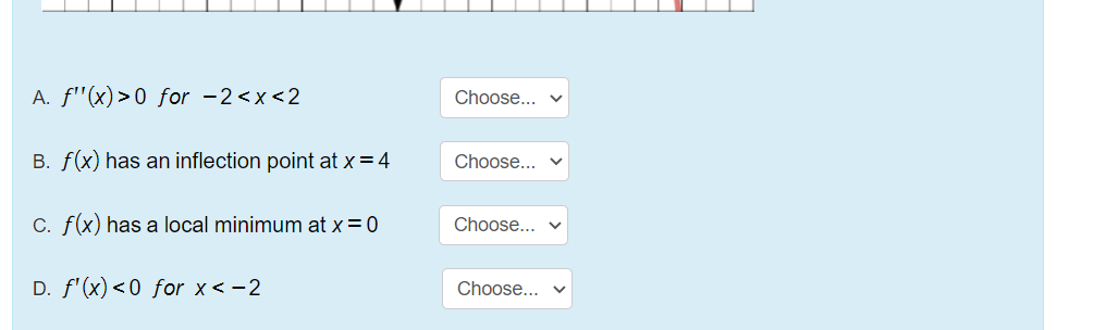 A. f'"(x)>0 for -2<x<2
Choose...
B. f(x) has an inflection point at x = 4
Choose... v
C. f(x) has a local minimum at x=0
Choose...
D. f'(x) <0 for x< -2
Choose... v
