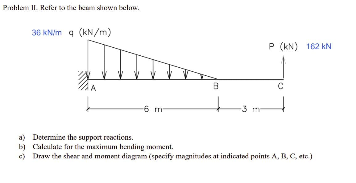 Problem II. Refer to the beam shown below.
36 kN/m q (kN/m)
P (kN) 162 kN
6 m-
-3 m
Determine the support reactions.
b) Calculate for the maximum bending moment.
Draw the shear and moment diagram (specify magnitudes at indicated points A, B, C, etc.)
c)
