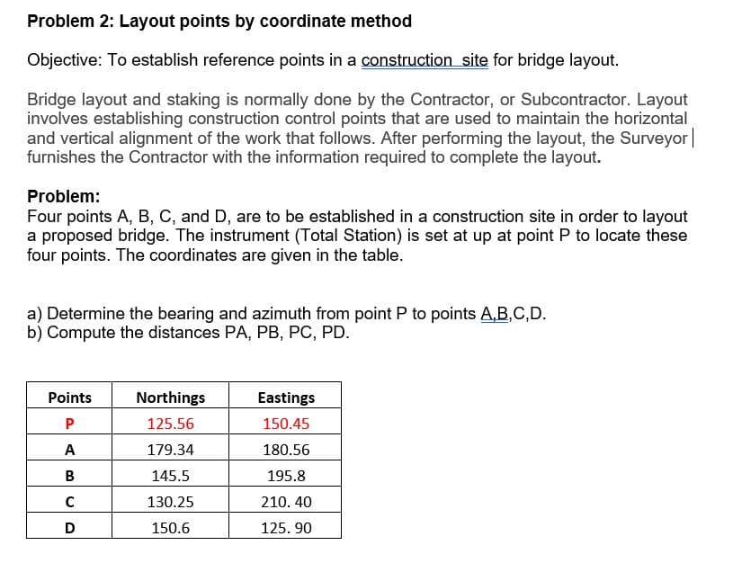 Problem 2: Layout points by coordinate method
Objective: To establish reference points in a construction site for bridge layout.
Bridge layout and staking is normally done by the Contractor, or Subcontractor. Layout
involves establishing construction control points that are used to maintain the horizontal
and vertical alignment of the work that follows. After performing the layout, the Surveyor |
furnishes the Contractor with the information required to complete the layout.
Problem:
Four points A, B, C, and D, are to be established in a construction site in order to layout
a proposed bridge. The instrument (Total Station) is set at up at point P to locate these
four points. The coordinates are given in the table.
a) Determine the bearing and azimuth from point P to points A,B,C,D.
b) Compute the distances PA, PB, PC, PD.
Points
Northings
Eastings
P
125.56
150.45
A
179.34
180.56
B
145.5
195.8
C
130.25
210. 40
D
150.6
125.90