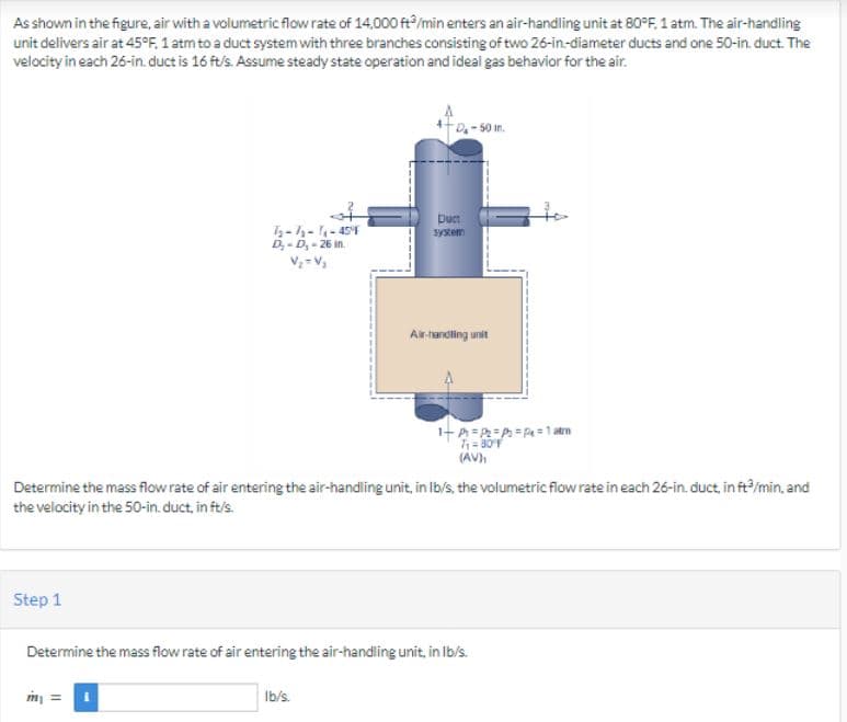 As shown in the figure, air with a volumetric flow rate of 14,000 ft³/min enters an air-handling unit at 80°F, 1 atm. The air-handling
unit delivers air at 45°F, 1 atm to a duct system with three branches consisting of two 26-in-diameter ducts and one 50-in. duct. The
velocity in each 26-in. duct is 16 ft/s. Assume steady state operation and ideal gas behavior for the air.
Step 1
72-73-7₁-45°F
D₂-D₂-26 in.
V₂=V₂
m₁ =
D₁-50 in.
Duct
system
Determine the mass flow rate of air entering the air-handling unit, in lb/s, the volumetric flow rate in each 26-in. duct, in ft³/min, and
the velocity in the 50-in. duct, in ft/s.
Ib/s.
Air-handling unit
1+ P = P₂ = P = P₁ = 1 atm
7₁ = 80°F
(AV),
Determine the mass flow rate of air entering the air-handling unit, in lb/s.