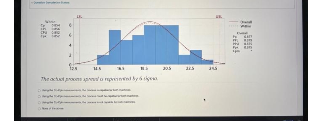 *Question Comptetion Status
LSL
USL
Within
0.854
Overall
Within
8
Cp
CPL
0.856
CPU 0.852
0.852
Overall
Pp
0.877
PPL
0.879
PPU
0.875
Ppk
0.875
Cpm
Cpk
6.
4
2
12.5
14.5
16.5
18.5
20.5
22.5
24.5
The actual process spread is represented by 6 sigma.
O Using the Cp-Cpk measurements, the process is capable for both machines
O Using the Cp-Cpi meaturements, the prooess could be capable for both machines
O using the Cp-Cpk measuremerts, he process is not capable for both machines
O None of the above
