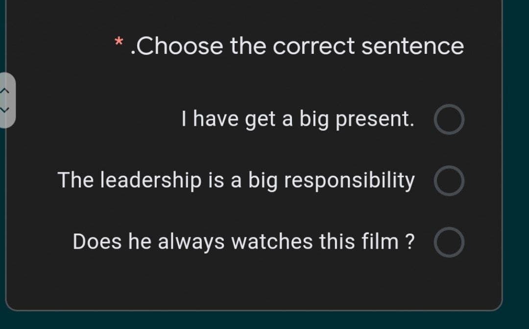 * .Choose the correct sentence
I have get a big present.
The leadership is a big responsibility
Does he always watches this film ?
