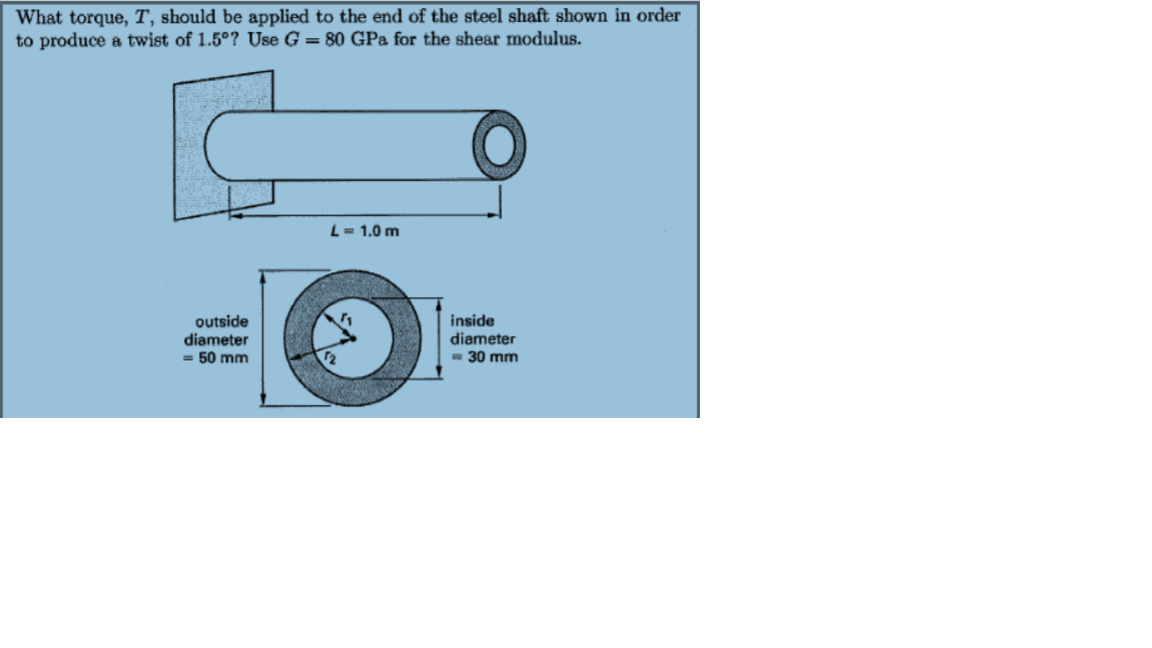 What torque, T, should be applied to the end of the steel shaft shown in order
to produce a twist of 1.5°? Use G = 80 GPa for the shear modulus.
L= 1.0 m
outside
diameter
= 50 mm
inside
diameter
- 30 mm
