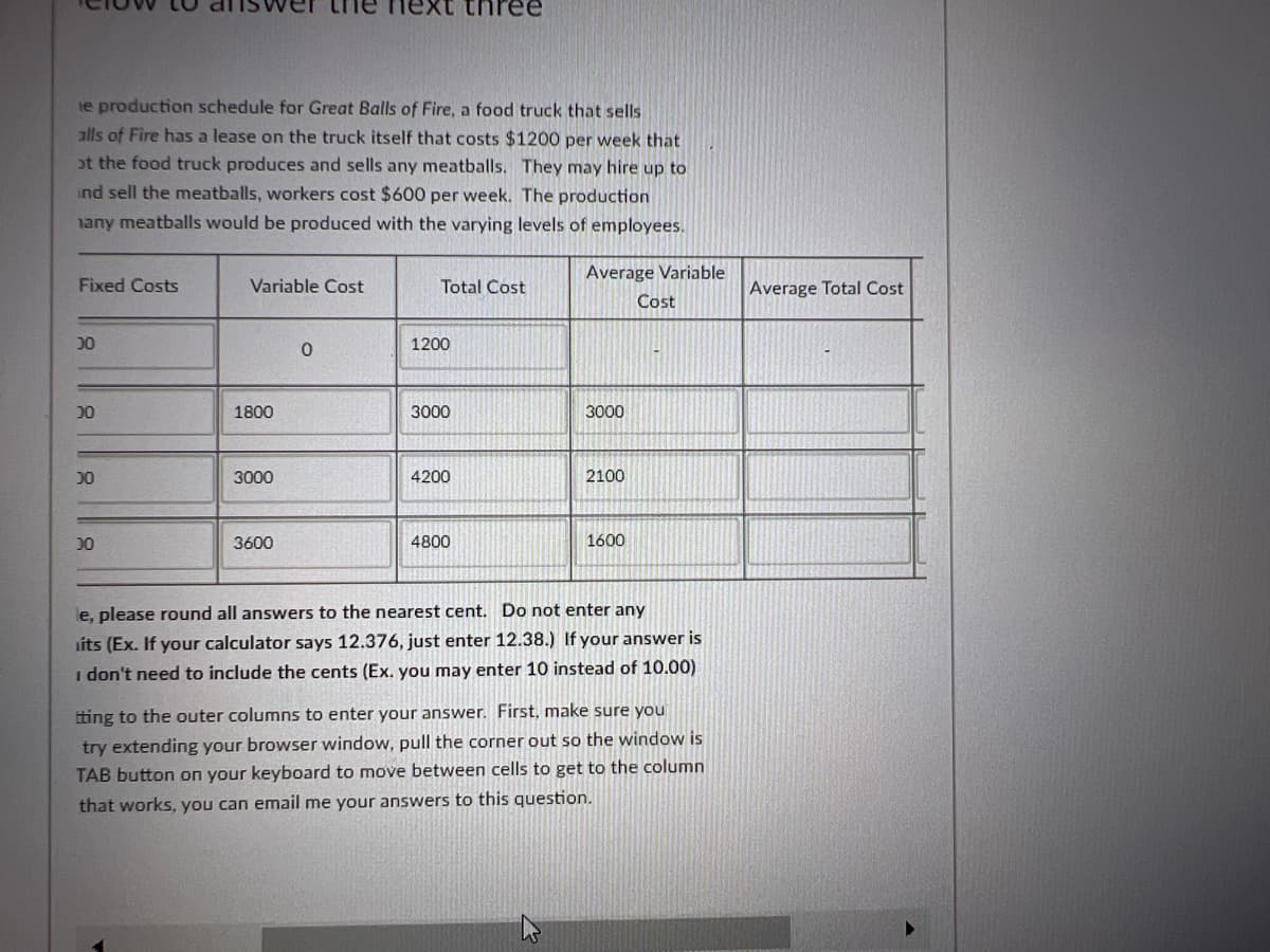the next hree
le production schedule for Great Balls of Fire, a food truck that sells
alls of Fire has a lease on the truck itself that costs $1200 per week that
at the food truck produces and sells any meatballs. They may hire up to
ind sell the meatballs, workers cost $600 per week. The production
any meatballs would be produced with the varying levels of employees.
Fixed Costs
Variable Cost
Total Cost
Average Variable
Cost
30
0
1200
30
1800
3000
3000
30
3000
4200
2100
30
3600
4800
1600
le, please round all answers to the nearest cent. Do not enter any
its (Ex. If your calculator says 12.376, just enter 12.38.) If your answer is
I don't need to include the cents (Ex. you may enter 10 instead of 10.00)
tting to the outer columns to enter your answer. First, make sure you
try extending your browser window, pull the corner out so the window is
TAB button on your keyboard to move between cells to get to the column
that works, you can email me your answers to this question.
Average Total Cost
▶