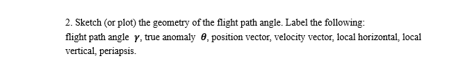 2. Sketch (or plot) the geometry of the flight path angle. Label the following:
flight path angle yY, true anomaly 0, position vector, velocity vector, local horizontal, local
vertical, periapsis.
