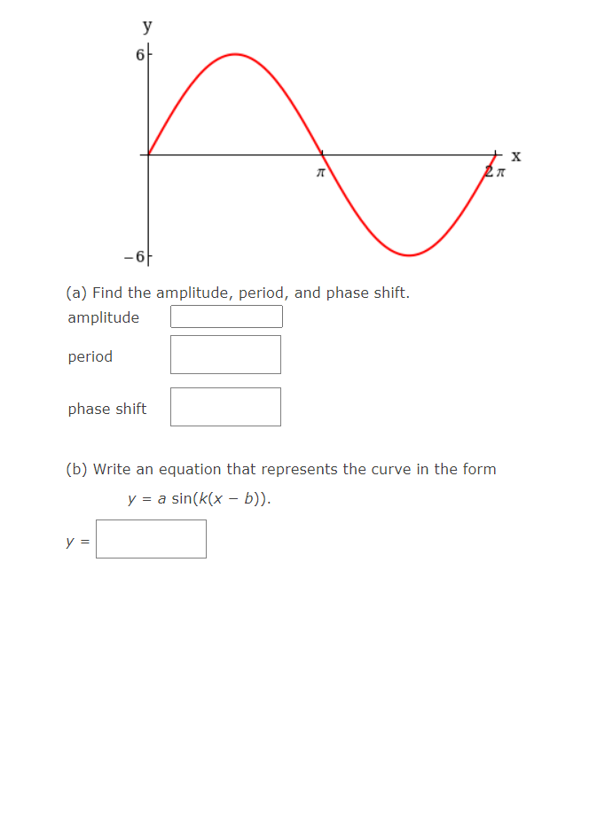 y
아
-6
(a) Find the amplitude, period, and phase shift.
amplitude
period
phase shift
(b) Write an equation that represents the curve in the form
y = a sin(k(x – b)).
y =
