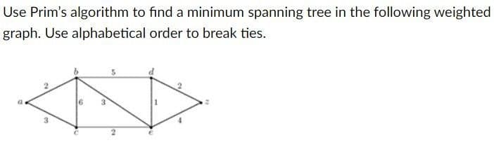 Use Prim's algorithm to find a minimum spanning tree in the following weighted
graph. Use alphabetical order to break ties.
a
20
6
3
2