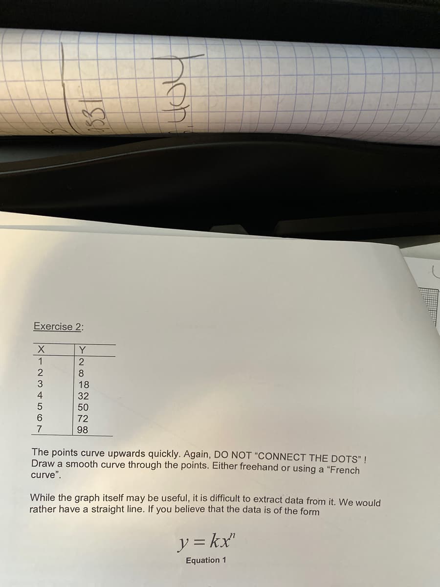 Exercise 2:
Y
1
8
3
18
4
32
5
50
72
7
98
The points curve upwards quickly. Again, DO NOT "CONNECT THE DOTS" !
Draw a smooth curve through the points. Either freehand or using a "French
curve".
While the graph itself may be useful, it is difficult to extract data from it. We would
rather have a straight line. If you believe that the data is of the form
y = kx"
Equation 1
