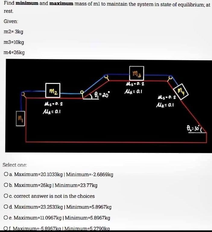 Find minimum and maximum mass of ml to maintain the system in state of equilibrium; at
rest.
Given:
m2= 3kg
m3=10kg
m4=26kg
M₂
Ms=0.2
MK = 0.1
90₁ = 20°
Select one:
Oa. Maximum-20.1033kg | Minimum=-2.6869kg
Ob. Maximum-26kg | Minimum-23.77kg
Oc. correct answer is not in the choices
Od. Maximum-23.2533kg | Minimum-5.8967kg
Oe. Maximum-11.0967kg | Minimum-5.8967kg
Of Maximum=-5.8967ka | Minimum=5.2790ka
M3
Ms-0.2
Mk = 0.1
Ms-0.2
Mk=0.1
M
0₂=30(