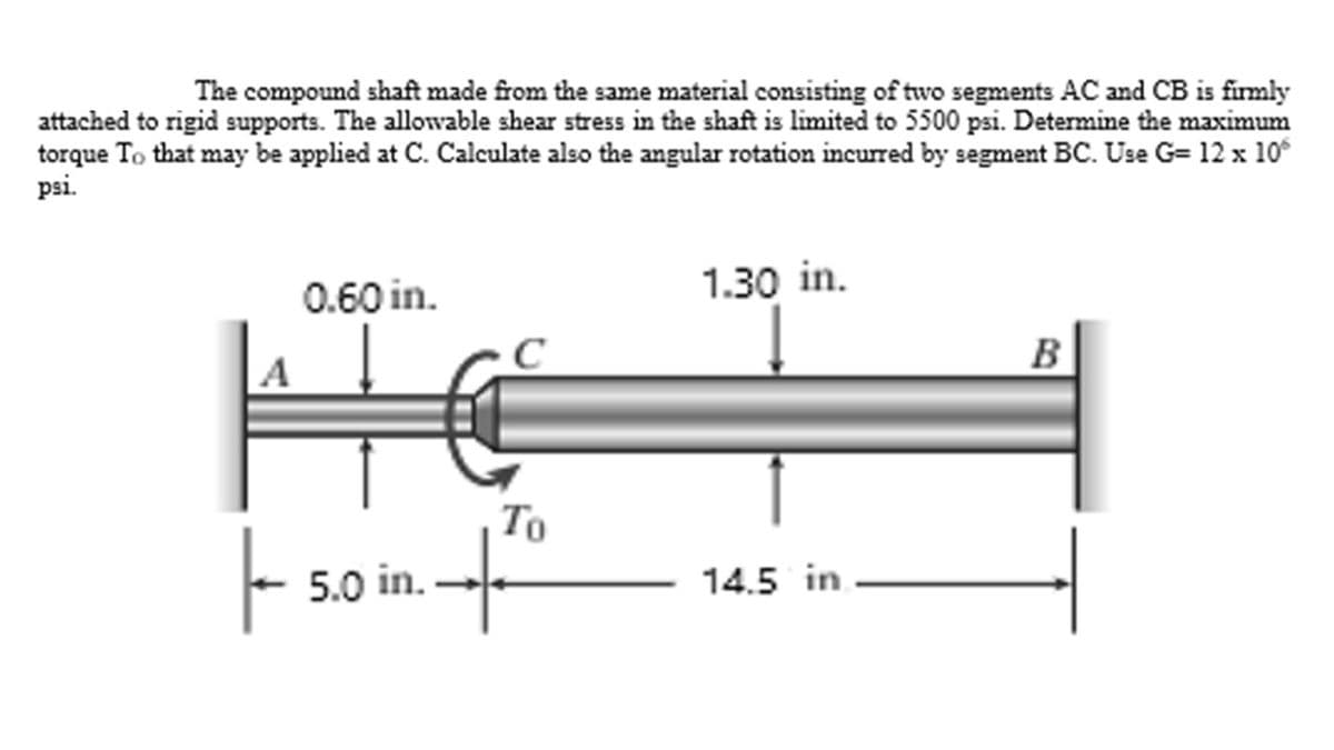 The compound shaft made from the same material consisting of two segments AC and CB is firmly
attached to rigid supports. The allowable shear stress in the shaft is limited to 5500 psi. Determine the maximum
torque To that may be applied at C. Calculate also the angular rotation incurred by segment BC. Use G= 12 x 10°
psi.
0.60 in.
A
H
To
+
5.0 in.
1.30 in.
14.5 in
B