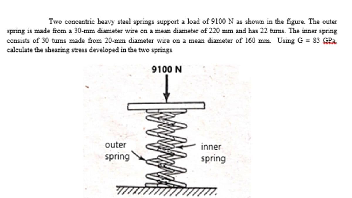 Two concentric heavy steel springs support a load of 9100 N as shown in the figure. The outer
spring is made from a 30-mm diameter wire on a mean diameter of 220 mm and has 22 turns. The inner spring
consists of 30 turns made from 20-mm diameter wire on a mean diameter of 160 mm. Using G = 83 GRA
calculate the shearing stress developed in the two springs
9100 N
outer
spring
inner
spring