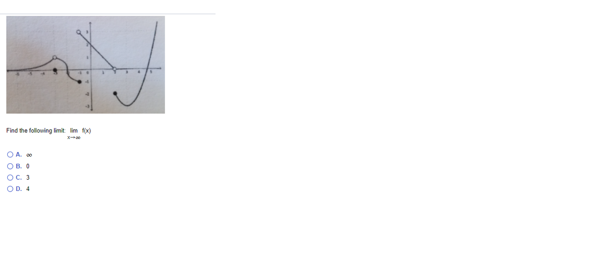 ### Understanding Limits

The study of limits is fundamental in calculus and mathematical analysis, involving the behavior of a function as its argument approaches a particular value. 

---
#### Example Problem:

**Find the following limit:**

\[ \lim_{{x \to +\infty}} f(x) \]

Where \( f(x) \) is described by the graph provided.

#### Graph Explanation

The graph shows a curve for the function \( f(x) \) across different values of \( x \). The x-axis and y-axis are marked in intervals.

To understand the limit of \( f(x) \) as \( x \) approaches positive infinity:

1. **Observe the right-hand side of the graph**:
   - As \( x \) increases (moves to the right), analyze the behavior of \( f(x) \).

2. **Visualization**:
   - Initially, \( f(x) \) exhibits fluctuations, but for large values of \( x \), \( f(x) \) trends drastically upwards.

Given the rapid upward trend in the function as \( x \) heads towards infinity, the limit approaches infinity.

#### Answer Choices:

A. \( \infty \)  
B. 0  
C. 3  
D. 4  

**Correct Answer: A. \( \infty \)**

Understanding this concept helps in analyzing the long-term behavior of functions and is crucial in calculus.

---
**Test Yourself**:

Now try finding the limit for other values approaching infinity with different functions to solidify your understanding!