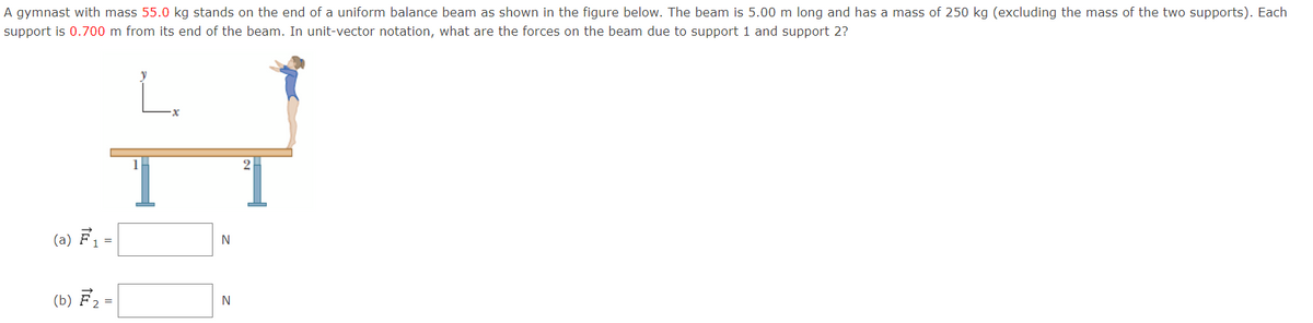 A gymnast with mass 55.0 kg stands on the end of a uniform balance beam as shown in the figure below. The beam is 5.00 m long and has a mass of 250 kg (excluding the mass of the two supports). Each
support is 0.700 m from its end of the beam. In unit-vector notation, what are the forces on the beam due to support 1 and support 2?
L.
(a) F1 =
N
(b) F2 =
N
