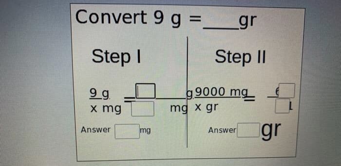 Convert 9 g = _gr
Step I
Step II
g 9000 mg
9 g
x mg
mg x gr
gr
Answer
mg
Answer
