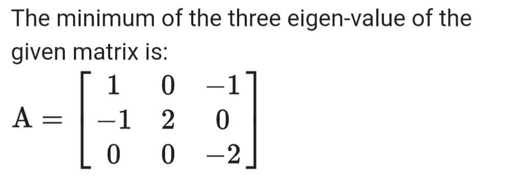 The minimum of the three eigen-value of the
given matrix is:
1
-1
A =
-1
0 0
-2
