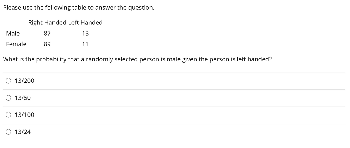 Please use the following table to answer the question.
Right Handed Left Handed
87
13
89
11
Male
Female
What is the probability that a randomly selected person is male given the person is left handed?
13/200
13/50
13/100
O 13/24