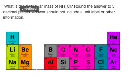 What is t
decimal praces. Answer should not include a unit label or other
"lar mass of NH,CI? Round the answer to 3
undefined
information.
Не
Hydrogen
Helum
Li Be
B
с N
F Ne
Lihium
Berylum
Boron
Carbon
120m
Nrogen
14er
Owygen
Fluorine
Neon
11
12
14
15
17
18
Na Mg
Al Si
P
S
ci Ar
Sodium
Magnesium
Alumnium
Sicon
Phosphorus
Sutur
Chiorine
Argon
354
