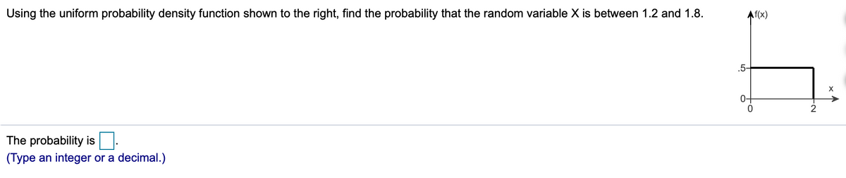 Using the uniform probability density function shown to the right, find the probability that the random variable X is between 1.2 and 1.8.
Af(x)
.5-
0+
The probability is
(Type an integer or a decimal.)
