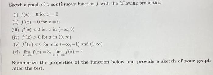 Sketch a graph of a continuous function f with the following properties:
(i) f(x)=0 for x=0
(ii) f'(x)=0 for x = 0
(iii) f'(x) < 0 for x in (-∞0,0)
(iv) f'(x) > 0 for x in (0,00)
(v) f'(x) < 0 for x in (-∞, -1) and (1,00)
(vi) lim f(x) = 3, _lim f(x) = 3
1x
H-18
Summarize the properties of the function below and provide a sketch of your graph
after the test.